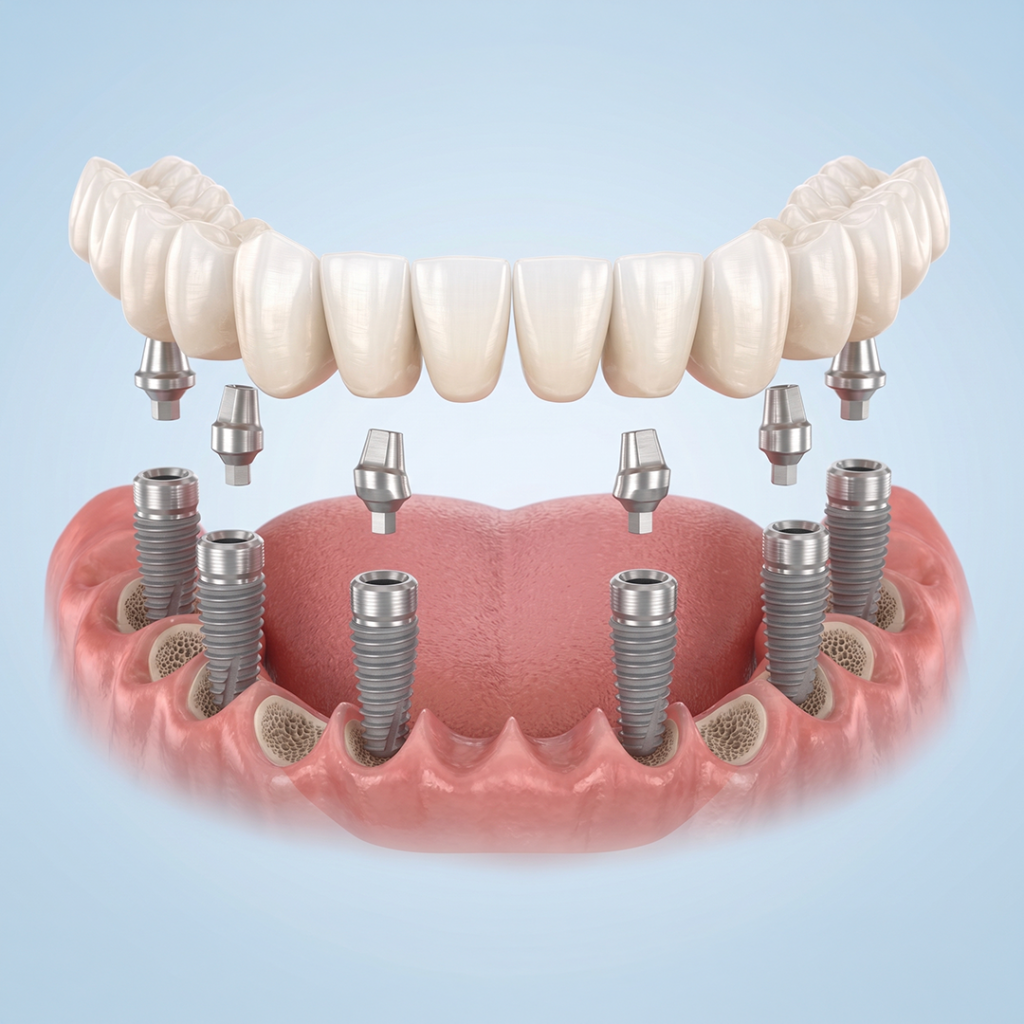 All-on-6 implant tekniği ile çene kemiğine yerleştirilen 6 adet titanyum implant şeması Dental Rezidans