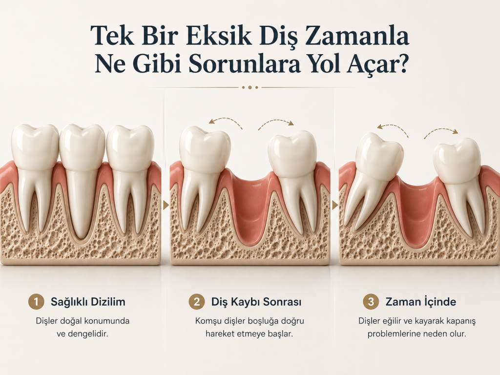Tedavi edilmeyen eksik diş boşluğuna devrilen komşu dişler ve kemik erimesi şeması