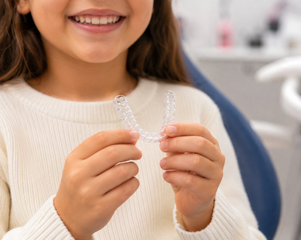 Çocuklar için özel üretilmiş şeffaf bir plağı (Invisalign First) dişlerine takan veya elinde tutan güler yüzlü bir çocuk.