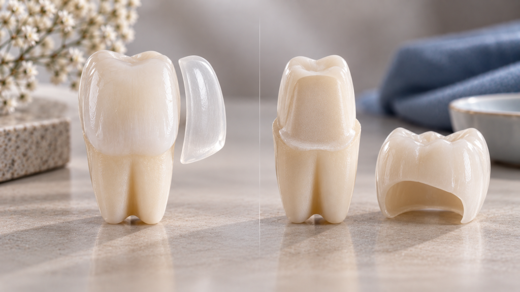 Lamina ve tam kaplama arasındaki farkı anlatan dental model görseli