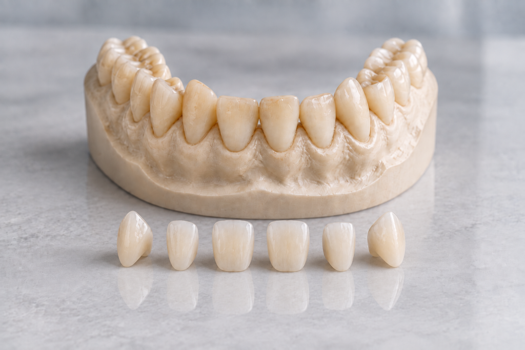 Alt anterior dişlerde zirkonyum kaplamaları gösteren temsili dental model