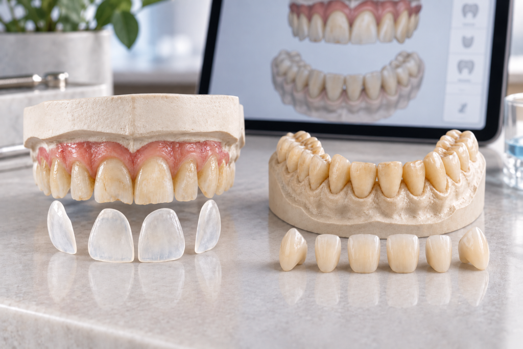 Lamina ve zirkonyum restorasyonların kişiye özel tedavi planlamasını temsil eden dental modeller