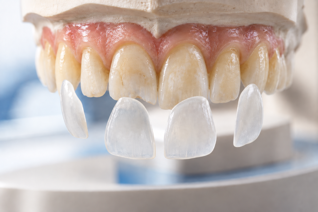 Üst ön dişlerde lamina restorasyon uygulamasını gösteren temsili dental model