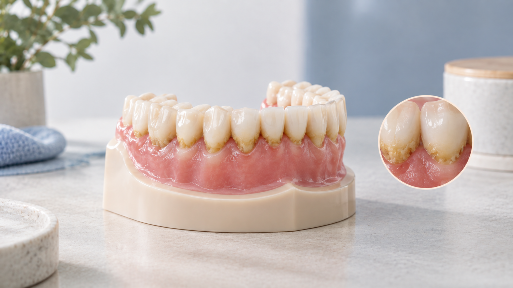 Diş eti hattında plak ve diş taşı birikimini temsil eden dental model