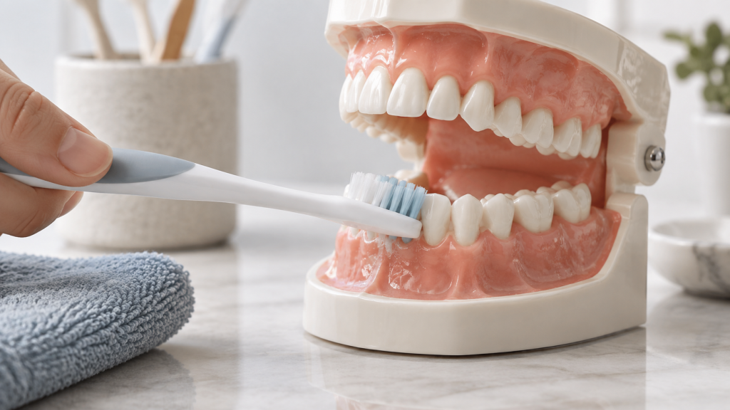 Diş eti hattının nazik şekilde fırçalanmasını gösteren eğitim amaçlı dental model